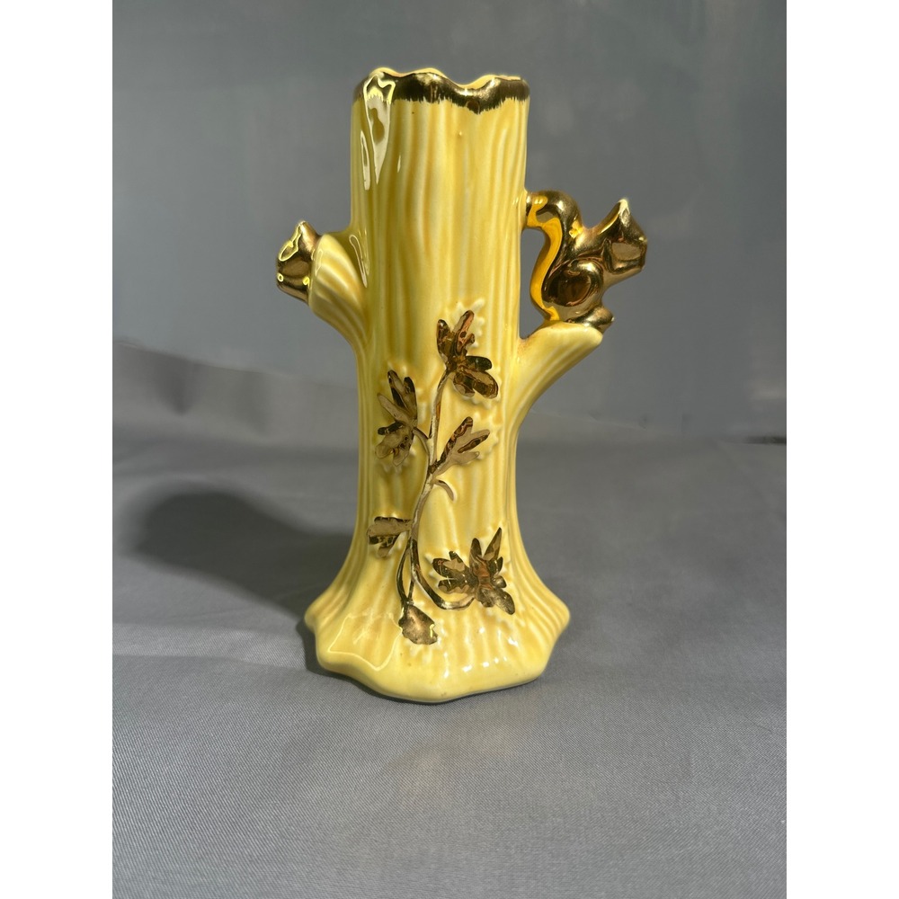 Warrantel .22K Gold Squirrel Tree Trunk Ceramic Vase Bud Vase Decor